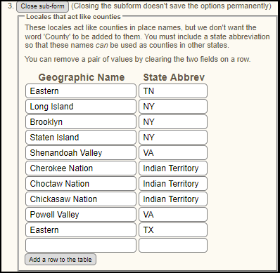 screenshot of the Non-Counties subform